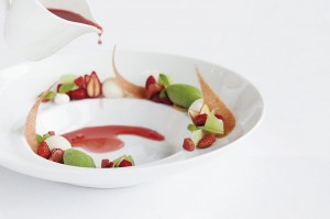 Wild Strawberry & Rhubarb Consommé, cucumber sorbet