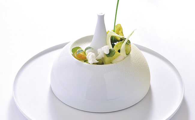 Lettuce, white chocolate, passion fruit, cucumber’ dish, by Christian Hümbs
