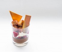 Chocolate cremeux, guiness cake, coconut whipped ganache, raspberry verrine