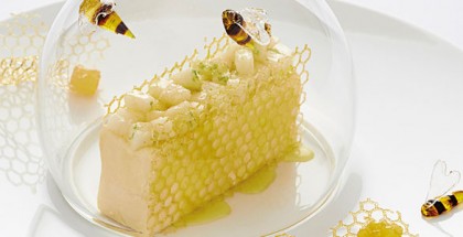 Honey and lemon thyme ice cream, pears refreshed with grated lime and ginger