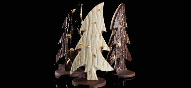 Christmas trees with three chocolates and gold leaf in Ernst Knam