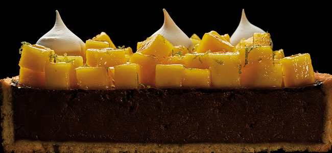 Chocolate, mango and lychee meringue tart by Luciano García