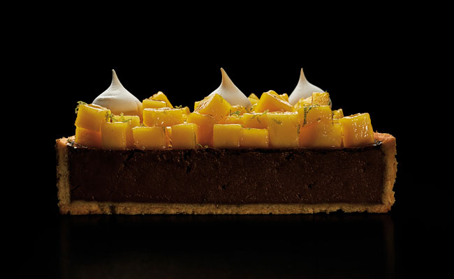 chocolate, mango and lychee tart by Luciano García