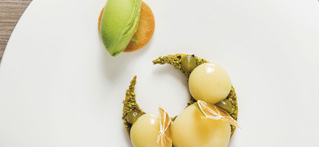 Yuzu yolks with basil ice cream by Andrés Morán