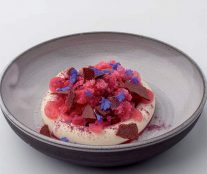 Rhubarb granite, white chocolate and sweet clover cream, flowers by Patrice Demers