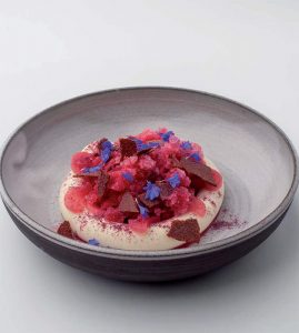 Rhubarb granite, white chocolate and sweet clover cream, flowers by Patrice Demers