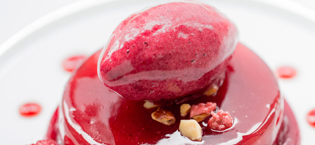 Baked Apple, blackcurrant sorbet by Sylvain Constans