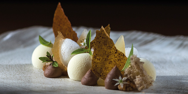 Goat cheese parfait plated dessert with pear, chestnut and pecan by Attila Meinhart