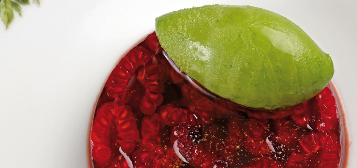 Wild strawberry aspic with basil sorbet by David Gil