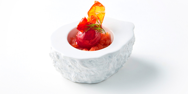 Bloody Mary granite plated dessert by Jacopo Bruni