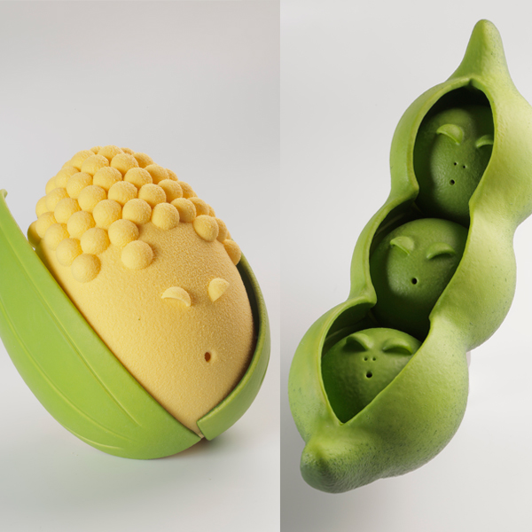 Corn and edamame chocolate figures by Saray Ruiz