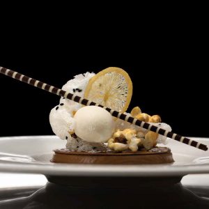 Coffee, lemon and rice plated dessert from Rory Macdonald’s book, Bake