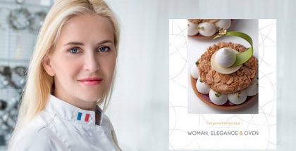Tetyana Verbytska and the cover of her book women, elegance and oven