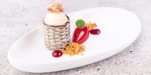 Platted dessert using Barbara Decor's Art Grillage