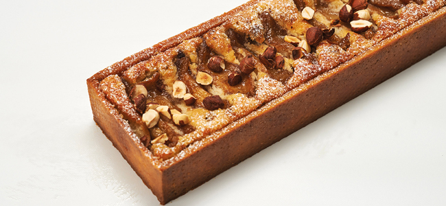 Pear tart in syrup, coconut sugar, frangipane, and hazelnuts by Belén Melamed