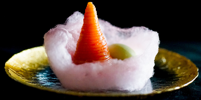 Candied apple with green apple sorbet and whipped crème fraiche plated dessert, by Sean Considine