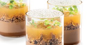 Sudachi, milk chocolate, and soy caramel dessert in a glass by Albert Daví