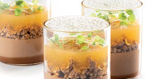 Sudachi, milk chocolate, and soy caramel dessert in a glass by Albert Daví