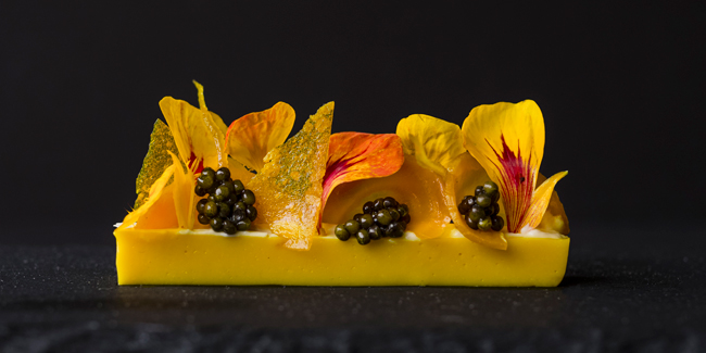 Gold beet panna cotta, caviar and fermented cashew cream dessert by Roberto Cortez