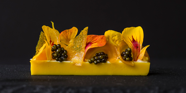 Gold beet panna cotta, bergamot, Osetra caviar, fermented cashew cream, mandarin, nasturtium by Roberto Cortez