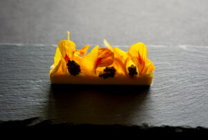 Gold beet panna cotta, bergamot, Osetra caviar, fermented cashew cream, mandarin, nasturtium by Roberto Cortez