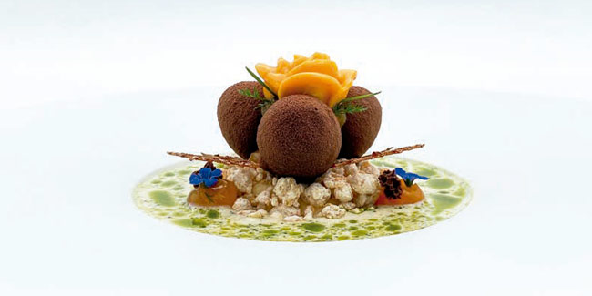 Grilled Apricot plated dessert with chocolate and yeast mousse by Alexander Fink