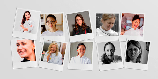 Shef Girl On A Yellow Background. Female Cook Smiles And Stirs