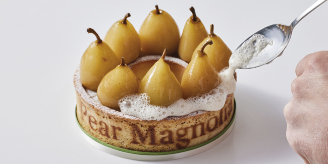 Entremet Magnolia with poached pears, crunchy almond, and pain de genes by Nicoll Notter