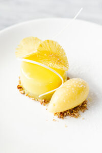 Hummingbird Torte with pineapple sorbet and cream cheese mousse by Alexandra Motz