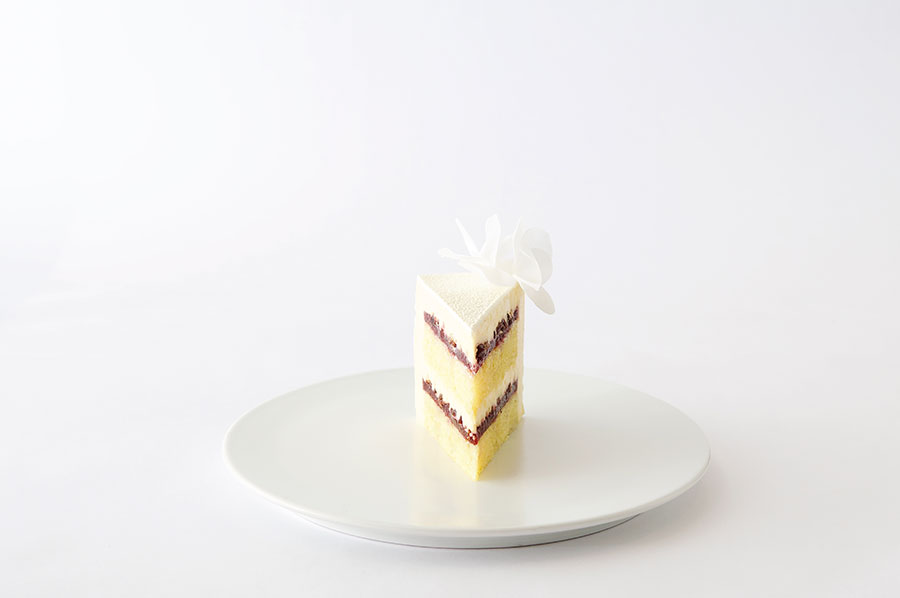 White sesame and cherry
entremet cake